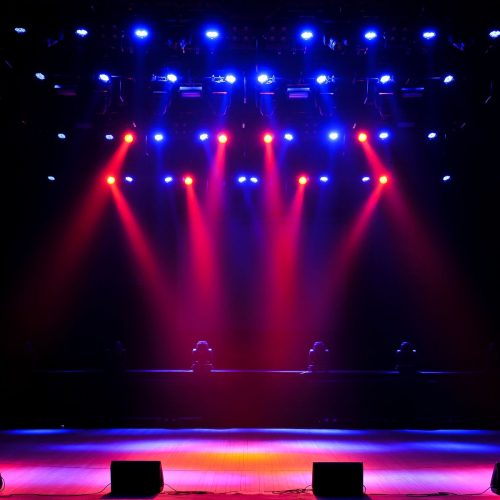 Free stage with lights, lighting devices. Background