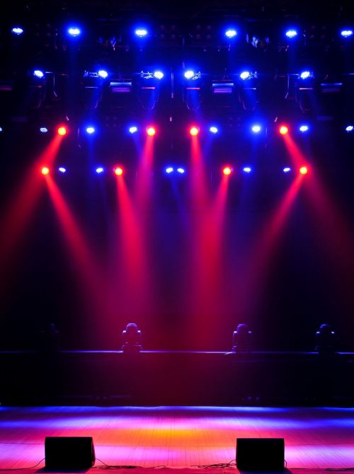 Free stage with lights, lighting devices. Background